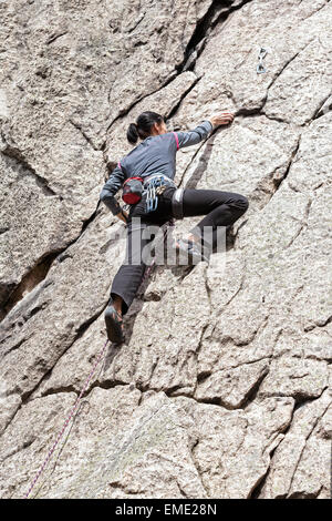 Junge Frau schwer Kletterwand, Klettern in den polnischen Bergen. Stockfoto