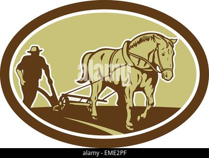 Pferd und Landwirt Pflügen landwirtschaftliche Oval Retro Stock Vektor