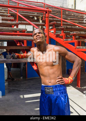 3/4ths Körper Porträt ein Afro-Kubanischer Boxer auf der Rafael Trejo Boxing Gym in Havanna Vieja, Kuba. Stockfoto