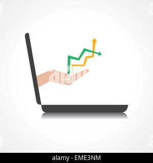 Hand, die oben und unten Pfeile kommt vom Laptop Bildschirm Lager Vektor Stock Vektor