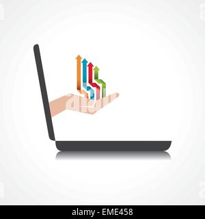 Hand halten bunte Pfeile kommt vom Laptop Bildschirm Lager Vektor Stock Vektor