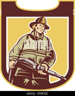 Feuerwehrmann Feuerwehrmann mit dem Ziel Feuer Schlauch Schild Retro Stock Vektor