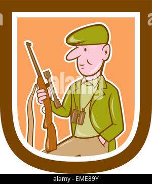 Jäger mit Gewehr-Schild-Cartoon Stock Vektor