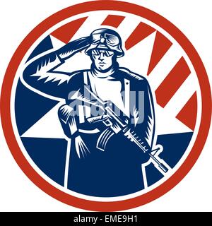 Amerikanischer Soldat Salute hält Gewehr Retro Stock Vektor