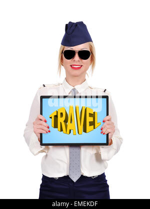 Stewardess mit Touch-Pad mit Reise-symbol Stockfoto