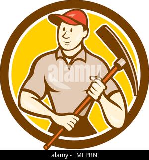 Construction Worker Holding Spitzhacke Kreis Cartoon Stock Vektor