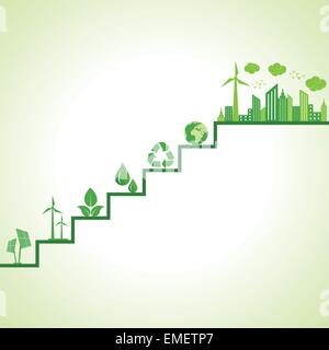 Ökologie-Konzept - Eco Stadtbild und Symbole auf Treppen Lager Vektor Stock Vektor