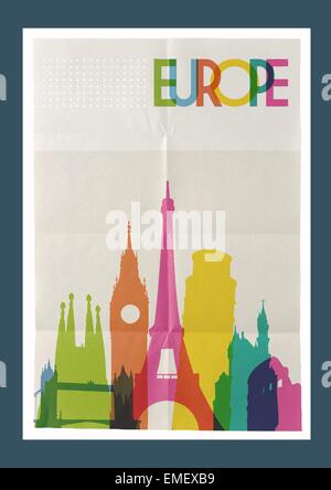 Reisen Sie Europa Sehenswürdigkeiten Skyline Vintage poster Stock Vektor