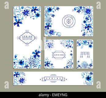 Vintage Blumen Aquarell Grußkarte Sammlungen Stock Vektor