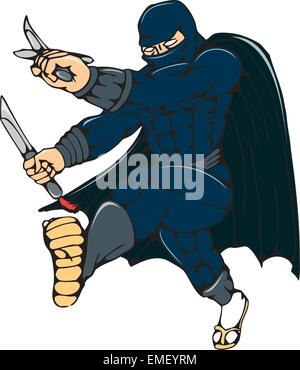 Ninja maskierten Krieger Kicking Cartoon Stock Vektor