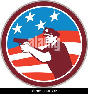 Polizisten mit Gewehr amerikanische Flagge Kreis Retro Stock Vektor