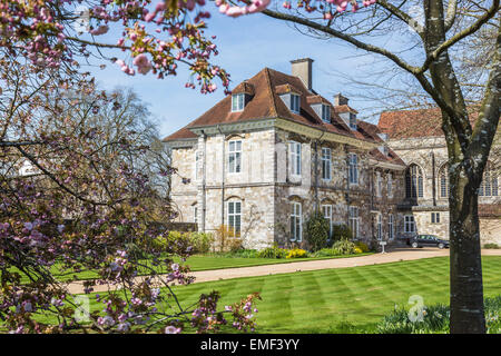 Historic Wolvesey Palast, der Amtssitz des Bischofs von Winchester, Winchester, Hampshire, England, an einem sonnigen Frühlingstag im April mit blauem Himmel Stockfoto