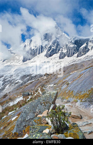 Peru - Tawllirahu Berg (hispanicized Schreibweise Taulliraju - 5.830) in der Cordillera Blanca in den Anden von der Trek von Santa Cruz. Stockfoto