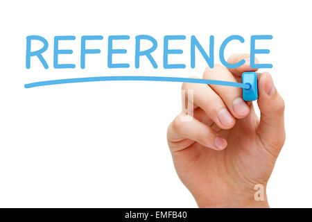 Handschrift Referenz mit blaue Markierung auf transparente wischen Board isoliert auf weiss. Stockfoto