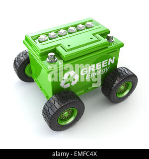 Accumilator oder Auto-Batterie auf dem Rad. Grünes Energiekonzept. 3D Stockfoto
