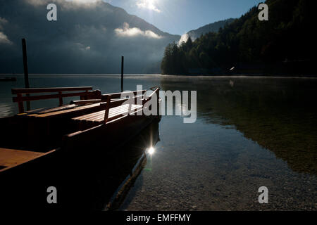 Holzboot, Plaette, am Altausseer See im Morgennebel, Altaussee, Steiermark, Österreich Stockfoto