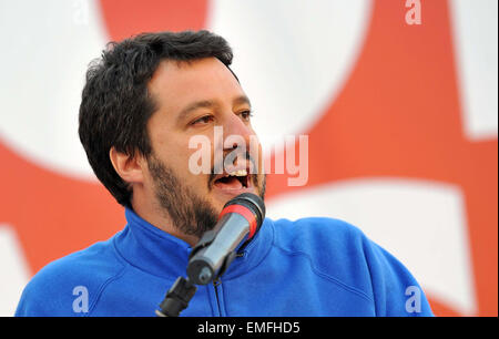 Die Bundesrepublik Sekretär der Northern League Partei (Lega Nord) Matteo Salvini Einberufung einer Sitzung in Cividale del Friuli in der Nähe von Udine, Stockfoto