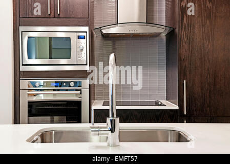 Moderne Luxus Küche Interieur mit Naturstein Arbeitsplatte und Edelstahl Geräte Stockfoto