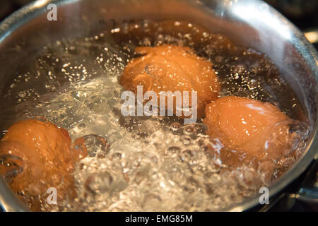 3 Eiern Kochen in einem Topf Stockfoto