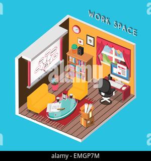 3D isometrische Infografik für gemütliche Arbeitsraum über blau Stock Vektor
