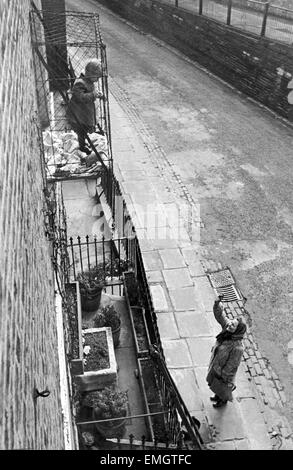 Sie mit einem Lächeln nur Baby steigt aus, in den Weltraum. Es braucht starke Nerven, zusehen, ein Baby, thront auf einer ersten Stock Fenster Fensterbank Schritt heraus in den Raum. Aber niemand in der Gunn Zuhause Holly Hill, Hampstead London nimmt Notiz, wenn Simon 2 Es tut. Es passiert jeden Tag. Die Familie gebaut der Drahtkäfig, da gibt es keinen Garten in das Haus, wo Simon spielen kann. 10. Februar 1948 Stockfoto