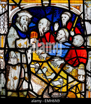 "Nicholas Blackburn" gedacht, in die mittelalterliche Corporal Taten der Barmherzigkeit Fenster (Nr. 6), All Saints Church, York, England, UK Stockfoto