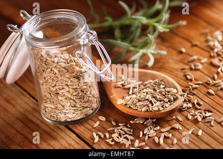 Fenchelsamen in Holzlöffel Stockfoto
