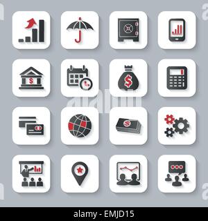 Modernes Design Vektor Illustration flache Icon set mit langen Schattenstil von Finanzgeschäften und Geld-Objekten. Isoliert auf grau Stock Vektor