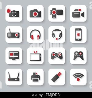 Weiße flache moderne Multimedia-Geräte Symbole mit langen Schatten Stock Vektor