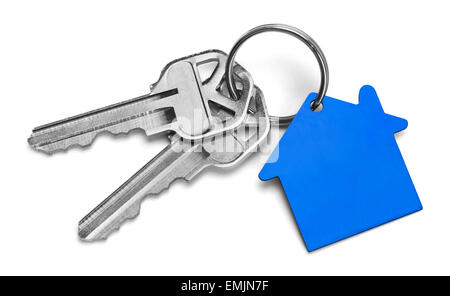 Satz von Schlüsseln mit blauen Haus, Isolated on White Background. Stockfoto