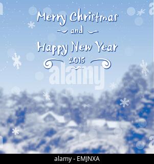 Winterdorf blauen Hintergrund. Verschwommene Landschaft mit Schnee driftet, Schneefall und Weihnachtsbäume in der Ferne. Urlaub-Vektor Stock Vektor