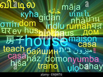 Hintergrund-Konzept Wordcloud mehrsprachige internationale Sprache Außenillustration Haus leuchtende lightc Stockfoto