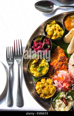 South Indian Thali, Gourmet-Restaurant Malabar Junction, Boutique Hotel Malabar House, Fort Kochi, Kerala, Indien Stockfoto