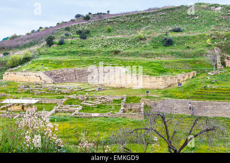 antiken griechischen Theater und Agora in Morgantina Ausgrabungsstätte, Sizilien, Italien Stockfoto