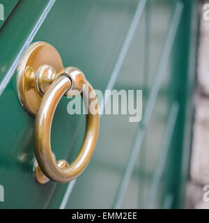 Klopfer Ring aus Messing auf eine Holztür farbig grün Stockfoto