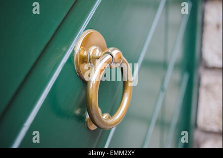 Klopfer Ring aus Messing auf eine Holztür farbig grün Stockfoto