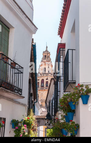 Bell Tower von die große Moschee im spanischen Cordoba von engen Straße gesehen Stockfoto