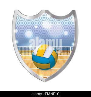 Eine Abbildung eines indoor-Volleyball-Platz, Netz und Volleyball in einem Metall-Emblem. Stockfoto