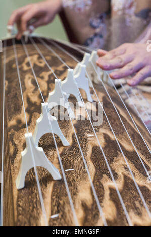 Frau spielt die traditionelle japanische Saiteninstrument Koto Stockfoto