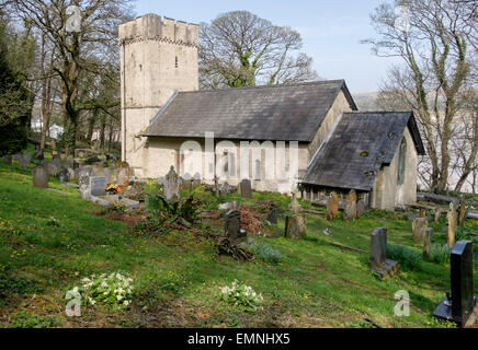 Kleine aus dem 14. Jahrhundert normannische Kirche des St. Illtyd mit zinnenbewehrten Turm im Frühjahr auf der Halbinsel Gower, Swansea, Südwales, UK Stockfoto