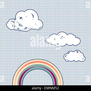Cartoon-Wolken und Regenbogen in Retro-strukturierte Himmel Stock Vektor