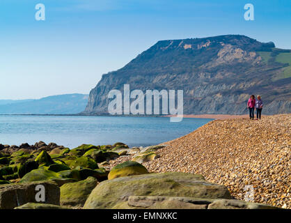 Zwei Frauen zu Fuß am Strand vor Golden Cap Klippe am einladendsten an der Jurassic Coast in West Dorset England UK Stockfoto