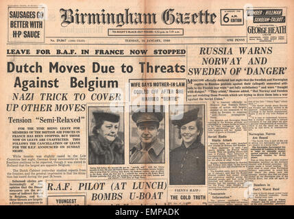 1940-Titelseite Birmingham Gazette niederländischen Besorgnis über Bedrohung für Belgien Stockfoto