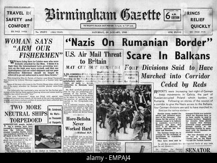 1940-Titelseite Birmingham Gazette Deutsch Kräfte an der rumänischen Grenze Stockfoto