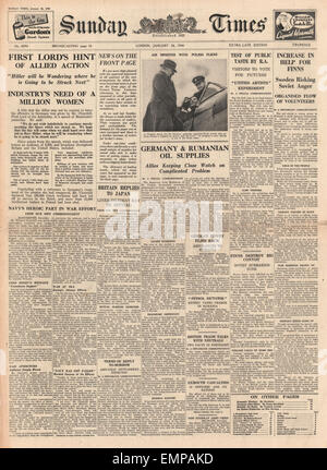 1940-Titelseite Sunday Times allgemeine Krieg News Stockfoto