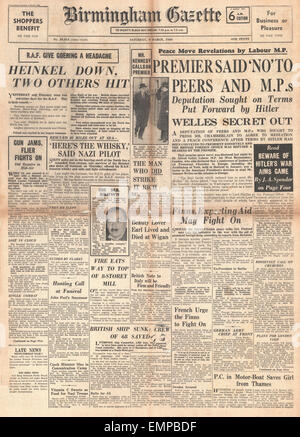 1940-Titelseite Birmingham Gazette Chamberlain lehnt Frieden Abordnung Stockfoto