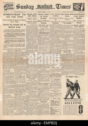 1940-Titelseite Sunday Times Von Ribbentrop, den Papst zu besuchen Stockfoto