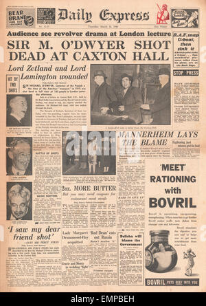 1940-Titelseite Daily Express Ermordung des ehemaligen Landesstatthalter General von der Punjab Sir Michael O'Dwyer bei Caxton Hall, London Stockfoto