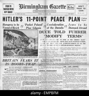 1940 Titelseite Birmingham Gazette Hitler Mussolini stimmen über Friedensplan Stockfoto