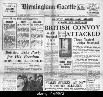 1940-Titelseite Birmingham Gazette britischen Konvoi angegriffen vor der schottischen Küste Stockfoto